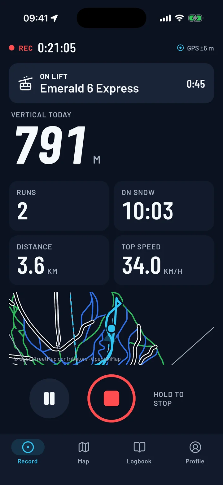 On the lift: Lift detected automatically, with runs and time on snow so far.