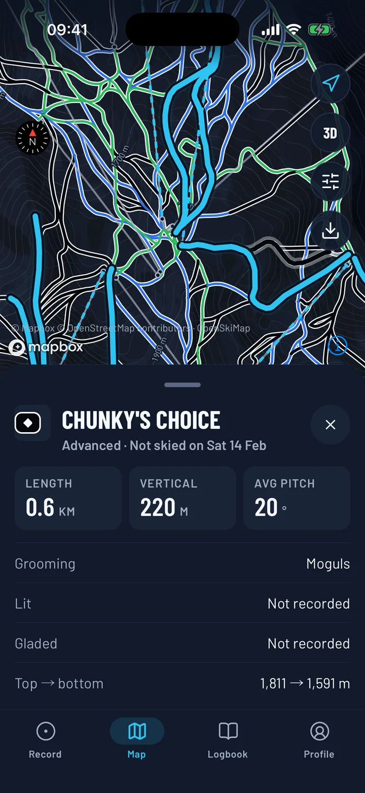 Run details: Tap any run for length, vertical, pitch and grooming.