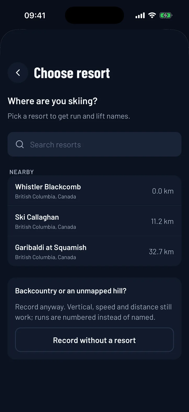 Resorts: Nearby resorts, or record anywhere without one.