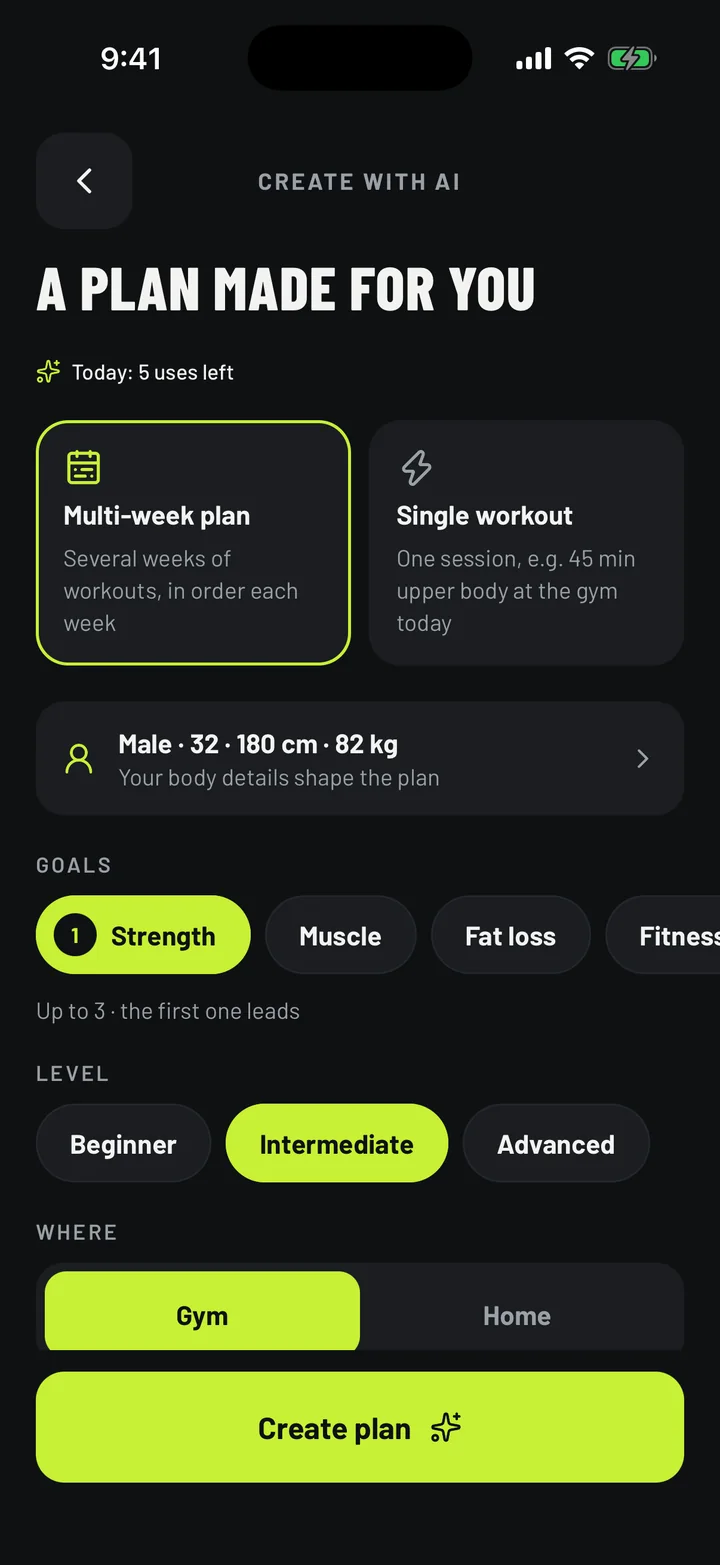 Create with AI: A plan built around your body, goal, level and gym.