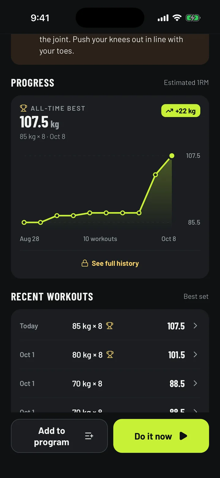 Progress: Estimated 1RM over time and every personal record.