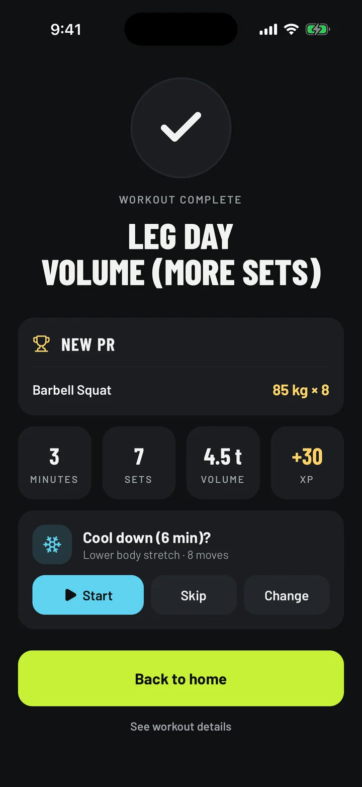 Workout complete: New PRs, volume and XP, then a cool-down.